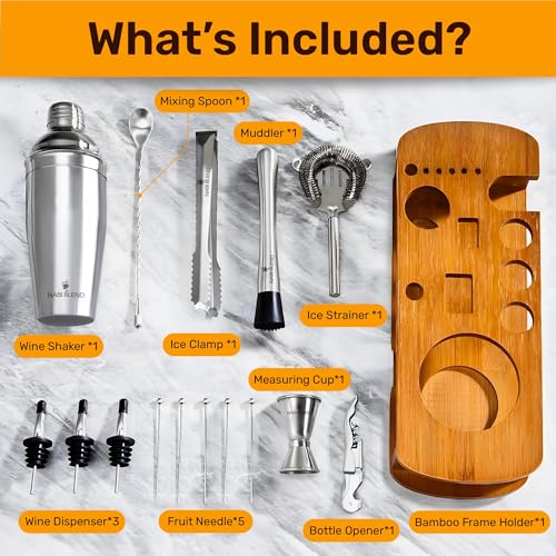 16 Piece Bartender Kit with Bamboo Stand | Cocktail Shaker Set Essential Bar Tools Wine Shaker Ice Filter Mixing Spoon Jig...