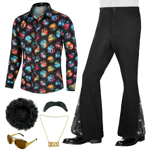 BONGZUO 70s Outfits for Men 6 Pcs Disco Outfit Retro Costume with Bell Bottom Pants
