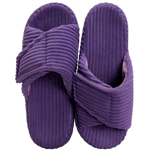 Women's House Slippers Cozy Adjustable Open Toe Memory Foam Corduroy Non-slip Bedroom Shoes for Indoor Outdoor