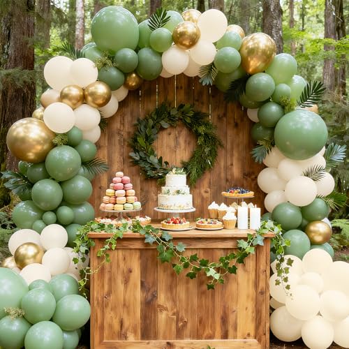 RUBFAC 65 Pcs 12 Inches Sage Green Gold Confetti Balloons Kit, Green Gold Sand White Party Balloons with Ribbons for Tiana...