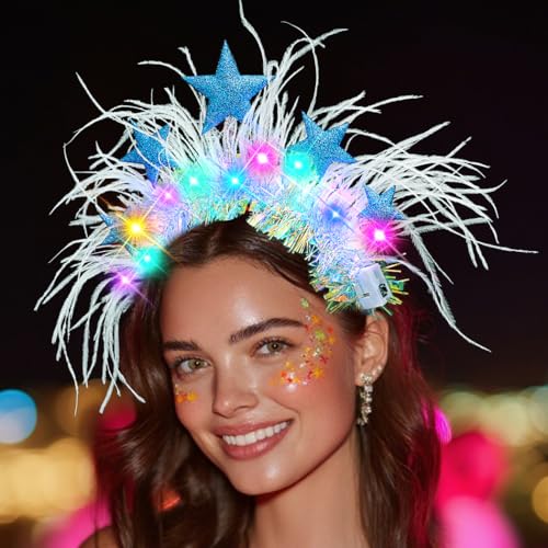 Campsis Light up Star Headbands, Blue LED Feather Headpiece, Glowing Costume Rave Hair Accessories for Women