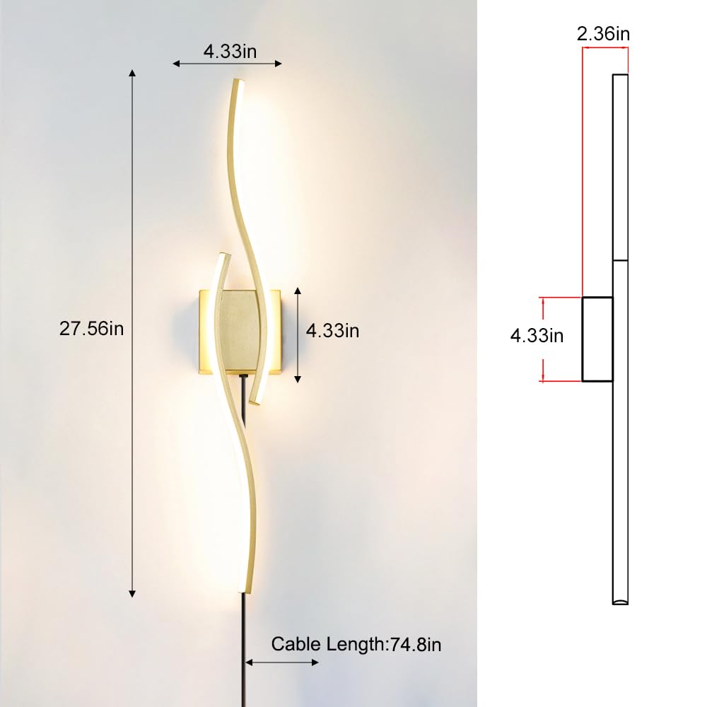 Daunton Modern Gold Plug in Wall Sconce Set of 2, Indoor Dimmable Light Fixture with Plug in Cord for Living Room, LED Sconces Lighting with Remote Control, Wall Lighting Decor for Hallway Bedroom