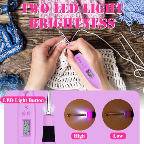 18 Size Counting Crochet Hooks Set Digital with Light up Crochet Hooks Set Ergonomic Soft Grip,Lighted Crochet Hook for St...