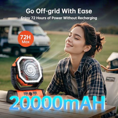 YOGIN Rechargeable Battery Powered Fan, 20000mAh Portable Camping Fan with 360° Adjustable Head, 4 Speeds & LED Light, Qui...