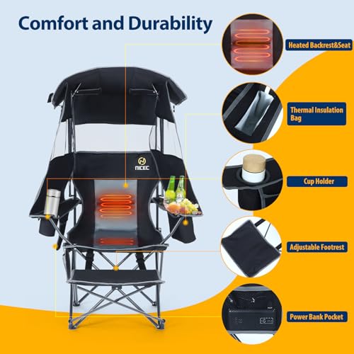 Nice C Chair with Canopy, Heated Camping Chair with Battery, Outdoor Sports Chairs with Shade, Heated Folding Umbrella Cha...