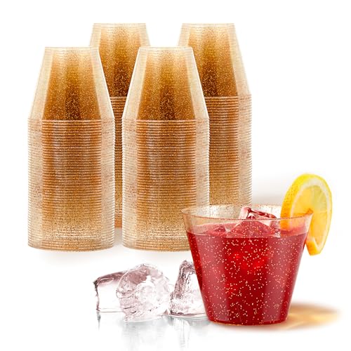Stock Your Home 9oz Gold Glitter Plastic Cups (100 Pack), Elegant Party Cups for Birthday Parties, Weddings, and Holidays,...