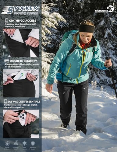 Moosehill Women's Ski Snow Pants: Fleece Lined Waterproof Insulated Softshell for Winter Outdoor Hiking with 5 Pockets