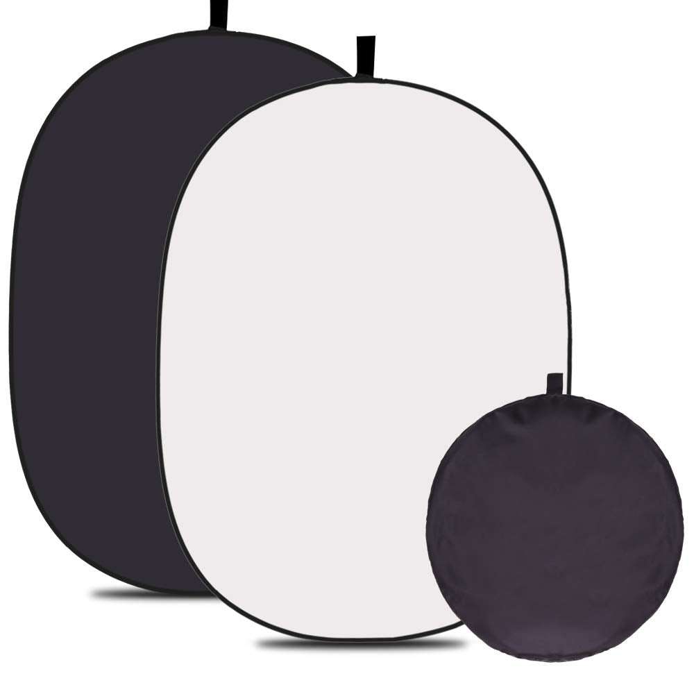 5X3.3 ft (1.5mX1m) 2 in 1 Polyester Muslin Black White Collapsible Reflector Backgrounds Portable Collapsible Reversible Photography Backdrop with Carrying Bag