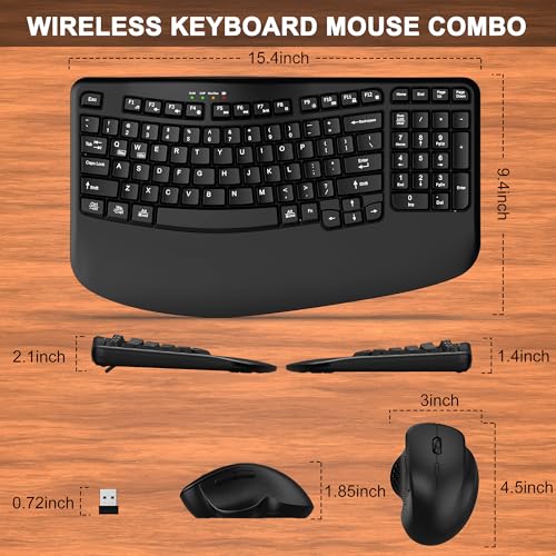 Wireless Keyboard and Mouse Combo, 2.4G Wave Keys Ergonomic Keyboard with Wrist Rest and 3 Level DPI Advanced Wireless Erg...
