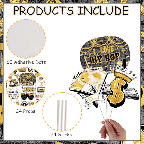 Cheereveal Golden and Black Hip Hop Photo Booth Props - 24 Pieces Retro Rock and Roll 90s Disco Music Themed Birthday Bach...