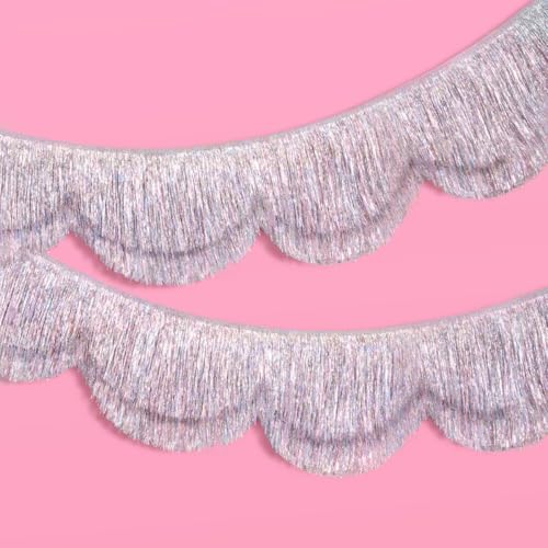xo, Fetti Silver Iridescent Scalloped Fringe Banner - 6 Ft. | Bachelorette Party Decorations, Birthday Sign, Sparkly Deco...