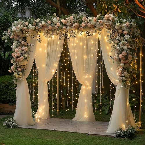 Fomcet Champagne Backdrop Curtains with Lights String 10X10FT Polyester Fabric & Tulle Curtains Backdrop Drapes for Back D...
