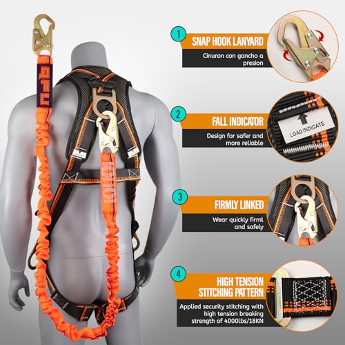 QFU Full Body Safety Harness & Fall Protection Kit with Padded Straps, ANSI Compliant, Includes Shock-Absorbing Lanyard fo...