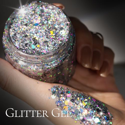 Teenitor Body Glitter, Body Glitter Gel, Hair Glitter, Face Glitter, Holographic Chunky Makeup Silver Glitter Gel for Fac...