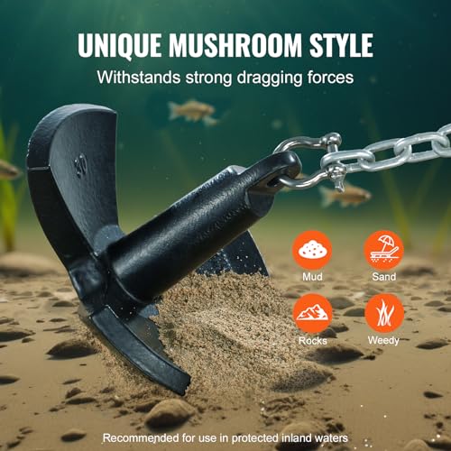 VEVOR River Anchor, 30 LBS Boat Anchor Cast Iron Black Vinyl Coated, Marine Grade Mushroom Anchor for Boats Up to 30 ft, Impressive Holding Power in River and Mud Bottom Lakes (30 lb)