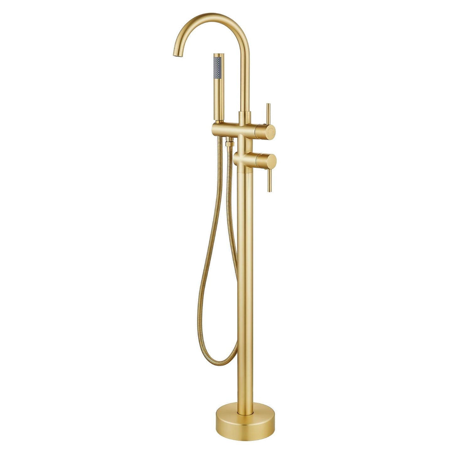 gotonovo Floor Mount Bathtub Faucet High Flow Freestanding Tub Filler Standing Shower Faucets with 360° Swivel Gooseneck Spout and Cylinder Handheld Spray, Brushed Gold