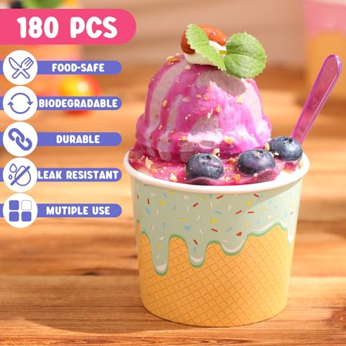 Ninehaoou 80 Pack 6 oz Ice Cream Cups with Spoons Paper Dessert Cups Colorful Sundae Bowls Disposable Ice Cream Containers...