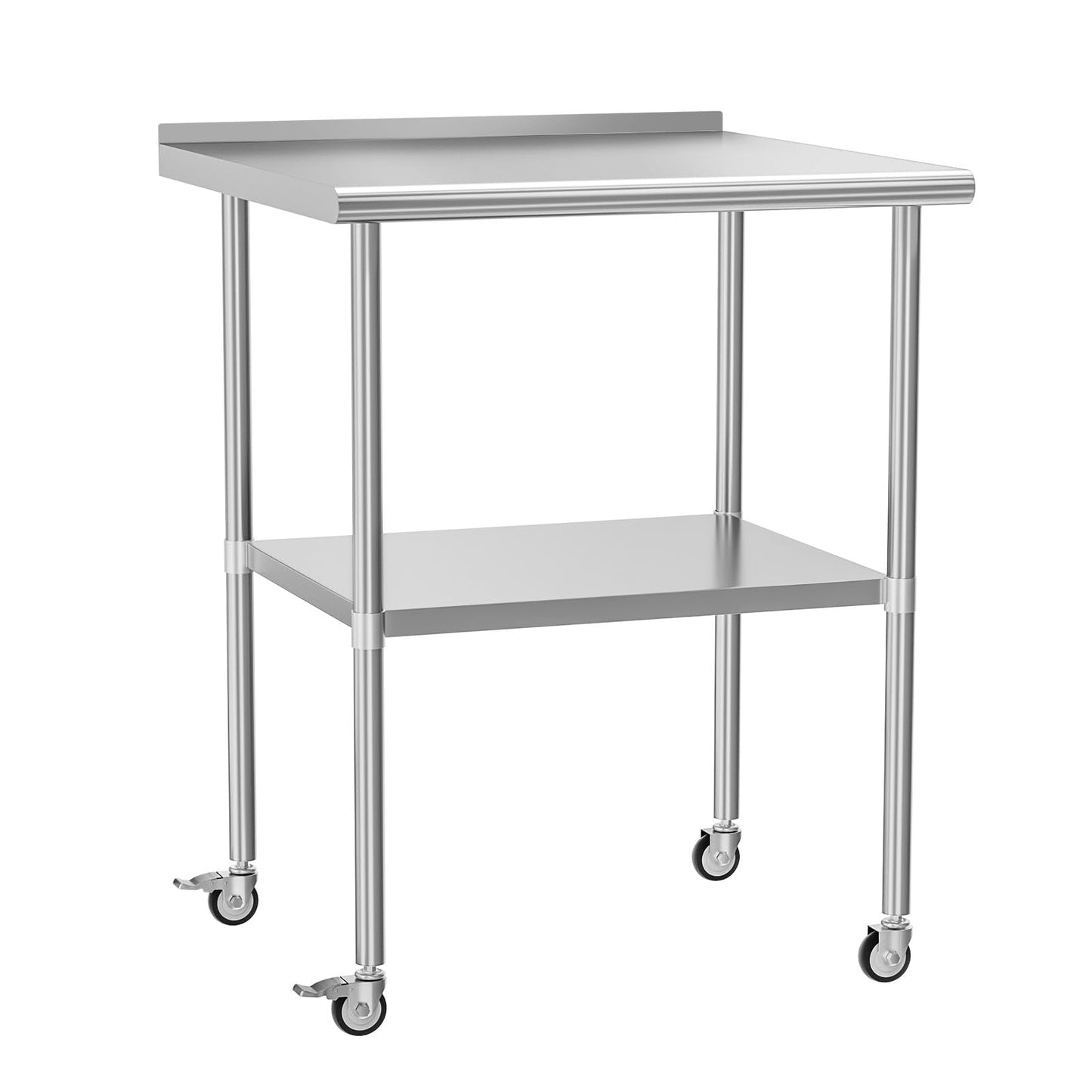 HOCCOT Stainless Steel Prep Table 30" X 30" with Adjustable Undershelf, Backsplash and Wheels, Commercial Metal Workstations for Kitchen, Garage, Outdoor BBQ