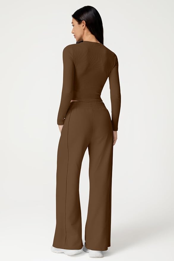 QINSEN Womens 2 Piece Sets Long Sleeve Slim Fit Crop Tops Wide Leg Pants Matching Lounge Set