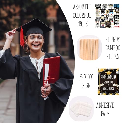 Graduation Photo Booth Props - 41-pc Photobooth Kit with 8 x 10-Inch Sign, 60 Adhesive Pads, 45 Sticks - Graduation Props...