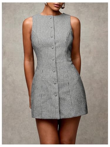 SOLY HUX Women's Plaid Button Down Dress Crew Neck Sleeveless Tie Back Work Office Mini Dresses