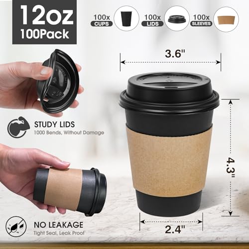 Ginkgo 100 Pack 12 oz Disposable Coffee Cups with Lids and Sleeves, To Go Leak-Proof Black Paper Cups for Picnics, Partie...