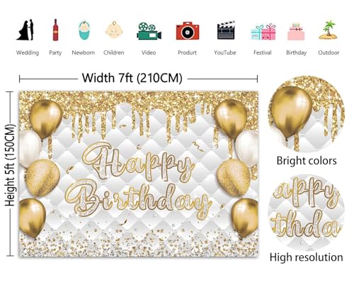 PGSWEER 7x5ft White Gold Birthday Backdrop Glitter Sequins Balloon Diamond Fluid Background Women Girls Men Luxury Party B...