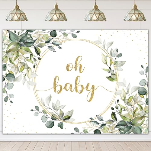 Mocsicka Greenery Baby Shower Backdrop Gold Oh Baby Background Green Eucalyptus Baby Shower Party Cake Table Decoration Ba...