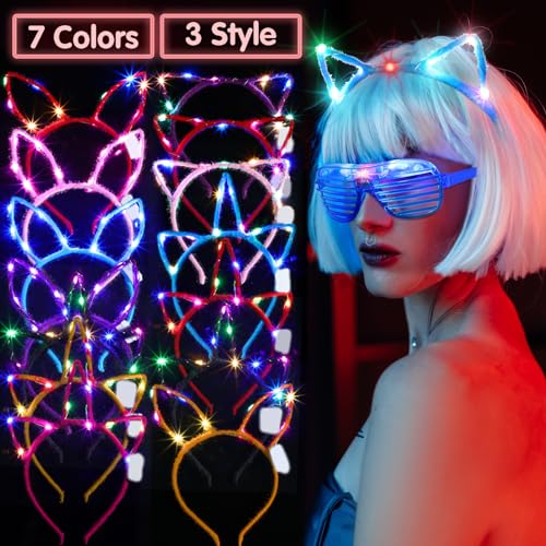Giegxin 42 Pcs Glow in The Dark Headband Set, 14 Unicorn Style Light up Headband 14 Cute Cat Ear Luminous 14 Rabbit Bunny ...