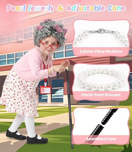 VGOFUN Old Lady Costume for Kids,100 Days of School Costume for Girls,100th Day Grandma Costume Granny Cosplay Dress Up Ou...
