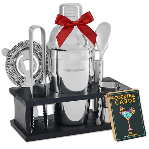 Modern Mixology Cocktail Shaker Set - 8 Piece Bartender Kit on Quality Pine Stand | Complete Cocktail Kit Gift Set | Top B...