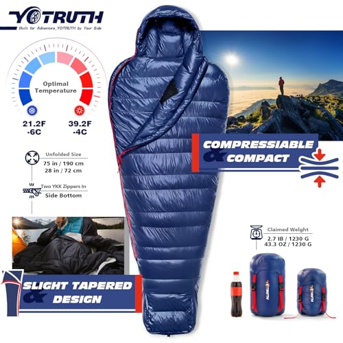 Yotruth Lightweight Down Mummy Sleeping Bag with 650-FP Duck Down, Ideal for Camping and Backpacking, Durable Ripstop Nylo...