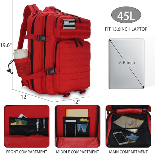 W WINTMING Sparklekle Military Tactical Backpack 45L 3 Day Assault Pack Waterproof Molle Hiking Rucksack for Men&Women (Red)