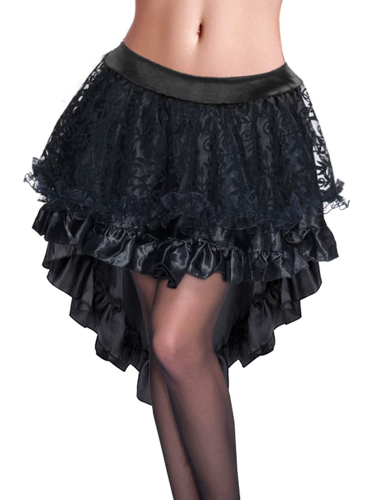 Charmian Women's Steampunk Retro Gothic Vintage Satin High Low Skirt with Zipper Black Small