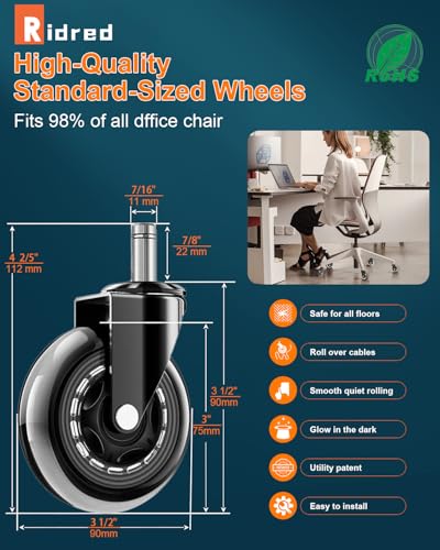 RidRed Office Chair Wheels - Replacement Rubber Wheels - Universal Fit 3 Inch Casters, Heavy-Duty Chair Casters, Noise Fre...