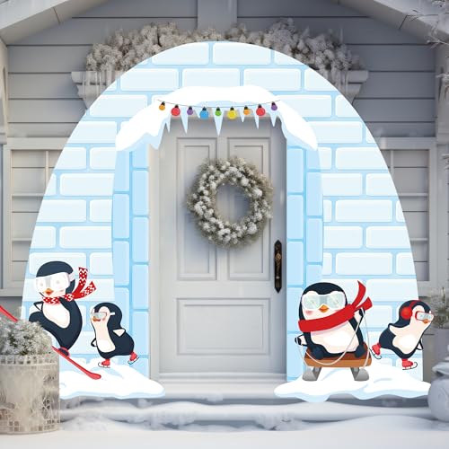 Winter Party Porch Banner Penguin Photo Booth Props for Parties Igloo Hanging Door Banner Backdrop with Winter Photograph ...