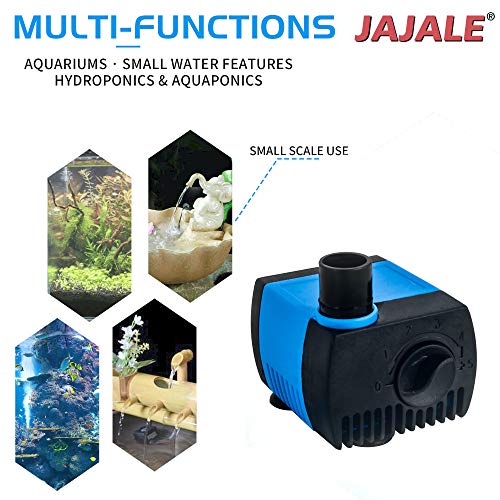 JAJALE 80 GPH Submersible Water Pump - Adjustable Quite Aquariums, Fountains, Hydroponics, and Pond Pump, 2.25 ft Lift, 4.5W