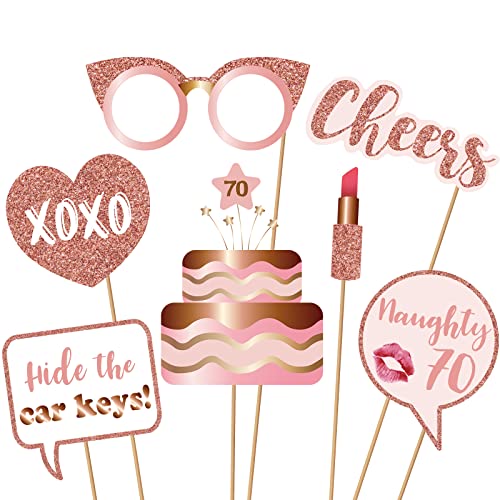 70th Birthday Party Photo Booth Props and Signs, Rose Gold 70 Birthday Party Selfie Props Kit with Sticks for Women, Seven...