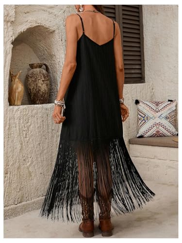 Verdusa Women's Western Fringe Dress Vintage Deep V Neck Maxi Cowgirl Dresses