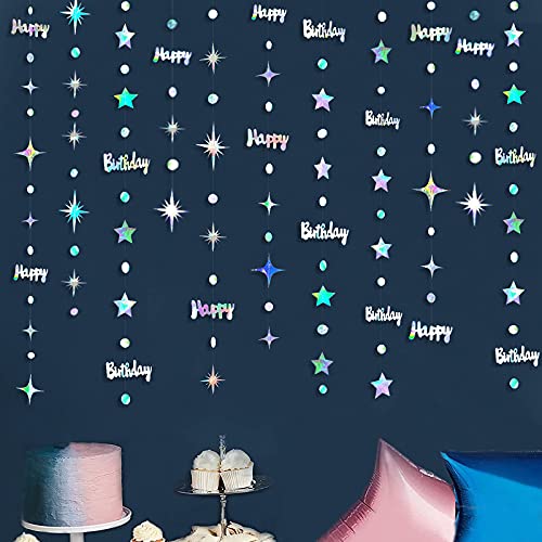 Iridescent Happy Birthday Decorations Happy Birthday Circle Dot Twinkle Star Garland Kit Metallic Holographic Hanging Stre...