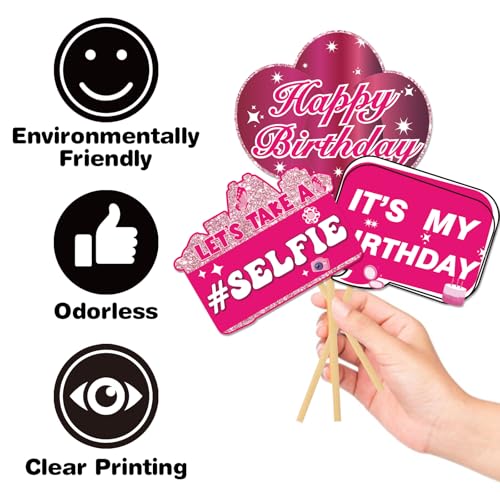30Pcs Pink Girl Birthday Photo Booth Props with Sticks,Hot Pink Girls Birthday Party Decoration Supplies for Girls Women D...