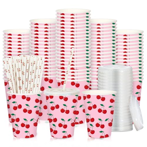 50 Sets Cherry Paper Cups with Paper Straws Plastic Lids 12OZ Disposable Coffee Tea Cups for Summer Fruit Birthday Party J...