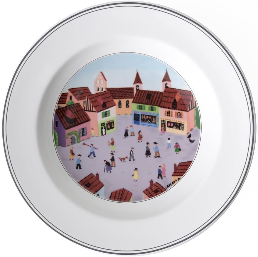 Villeroy & Boch Design Naif Rim Soup #4-Old Village Square, 8.5 in, Premium Porcelain, White/Colorful