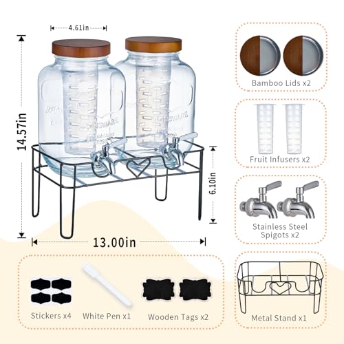 ShoreHao 2 Pack1Gallon Glass Drink Dispensers with Stand&Bamboo Lids&Fruit Infuser,304 Stainless Steel Leak-Proof Spigot,B...