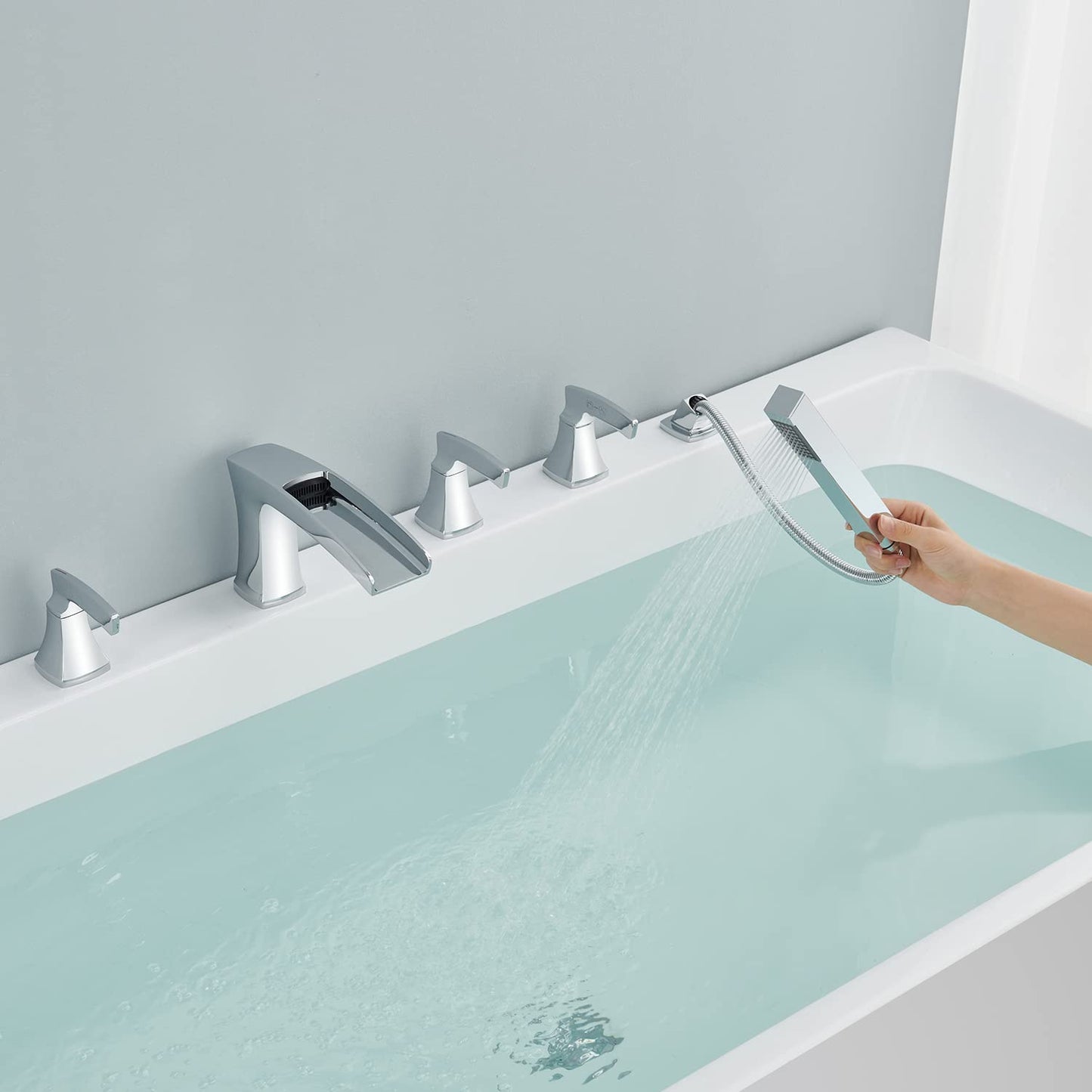 Artiqua Roman Tub Filler Waterfall Tub Faucet Chrome Deck Mount Bathtub Faucets 5 Hole Brass Bathroom Faucets with Hand Shower