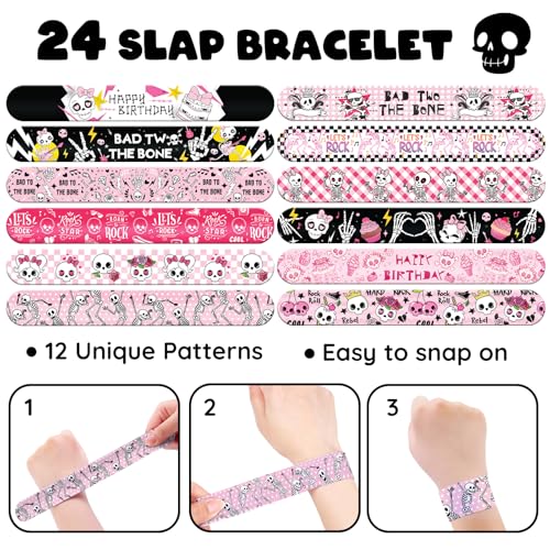 96 PCS Bad Two the Bone Party Favors Set – 72 Pre-Cut Temporary Tattoos & 24 Rock-Inspired Slap Bracelets for Kids, Perfec...