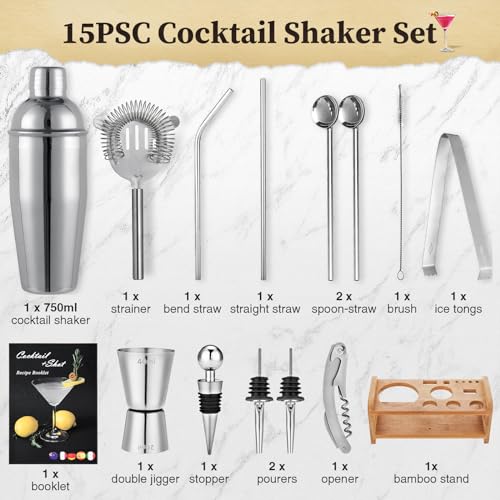 VONATES 15PCS Cocktail Shaker Set,750ml/25oz BartenderKit with Stand & Recipes, Bar Tools Set with All Bar Essential Acces...