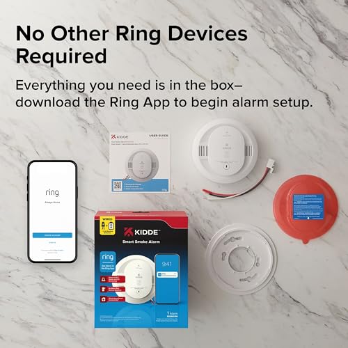 Kidde Smart Smoke Detector, Ring App Enabled for Real-Time Notifications, Hardwired Alarm, AA Backup Battery