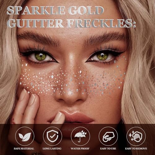 10 Pcs Glitter Freckles Face Tattoo, Face Glitter Makeup Patches, Waterproof Sparkle Freckles Tattoo Fairy Makeup Accessor...