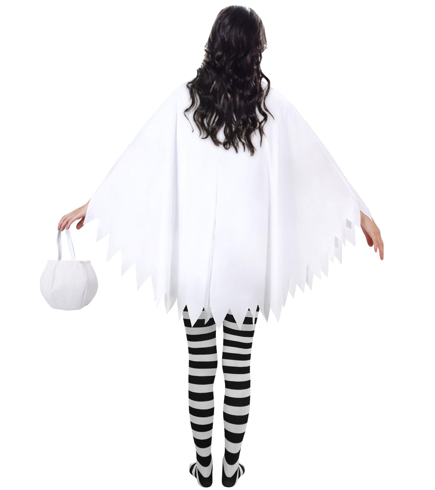 Snwquik 4 Pcs Ghost Costume Adult with Accessories,Ghost Costume Women Poncho/Bag/Headband/Tights Halloween Cosplay